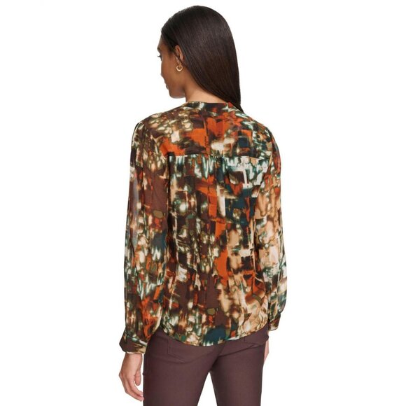 NWT Calvin Klein Women's Printed V-Neck Top M3HAZ619 S Coffee Bean Multi Brown - Picture 2 of 9